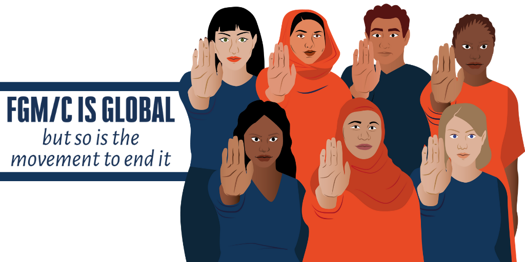 An illustration of a number of people with their hand outstretched in front of them, with the text FGM/C is global but so is the movement to end it