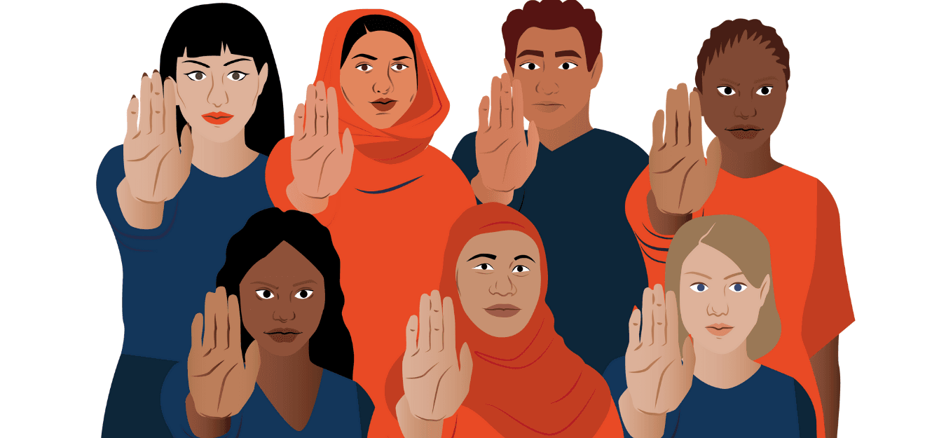 An illustration of a number of people with their hand outstretched in front of them